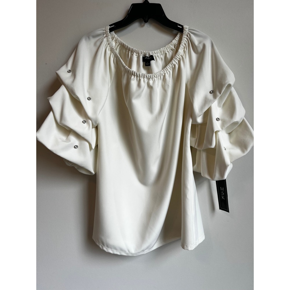 MSK Women Ivory Off Shoulder Ruffled Sleeve Rhinestone Detail Top Size L‎ NWT